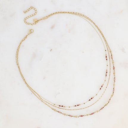 Collier Donna - 3 rangs, maille grain de café plat, perles rocailles et pierres naturelles