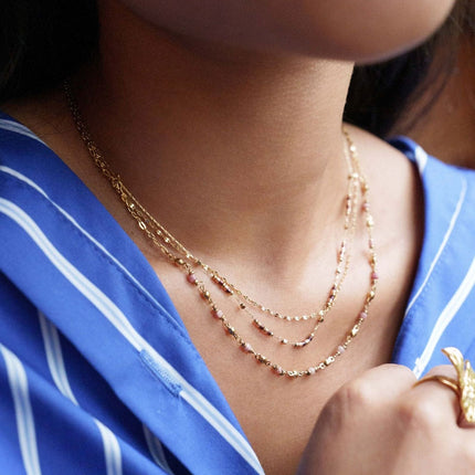Collier Donna - 3 rangs, maille grain de café plat, perles rocailles et pierres naturelles