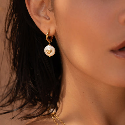 Coralia Creole Earrings - Freshwater Pearl and Heart