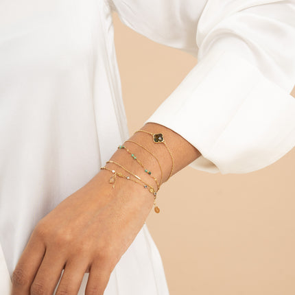 Bracelet 2 rangs - maille forçat alternée, avec boules et pierres naturelles
