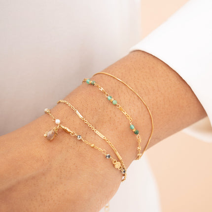 Bracelet 2 rangs - maille forçat alternée, avec boules et pierres naturelles