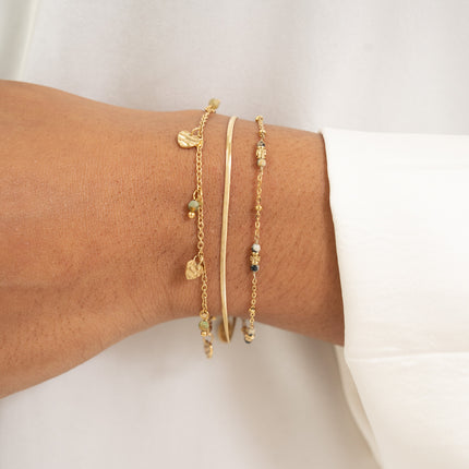 Bracelet 2 rangs - maille miroir, perles cylindriques diamantées et pierres naturelles rondes