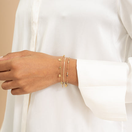 Bracelet 2 rangs - maille miroir, perles cylindriques diamantées et pierres naturelles rondes