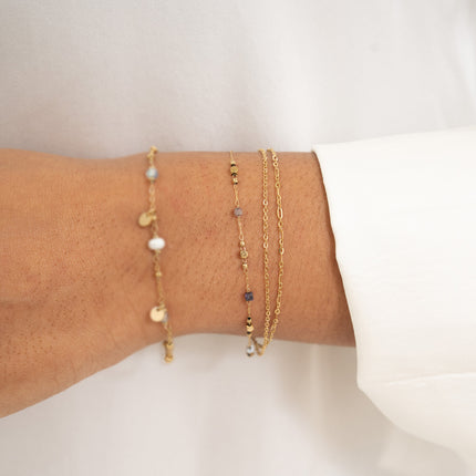 Bracelet 3 rangs - mailles forçat, alternée et fine avec perles et pierres naturelles cubiques
