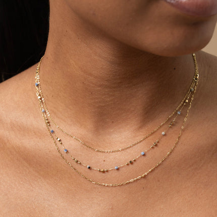 Three-strand necklace - alternating curb and fine links with pearls and cubic natural stones