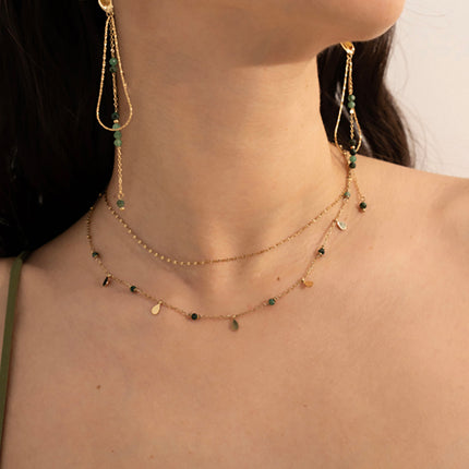 Collier 2 rangs Séléné - maille café plat, boules avec pampilles gouttes et pierres naturelles rondes