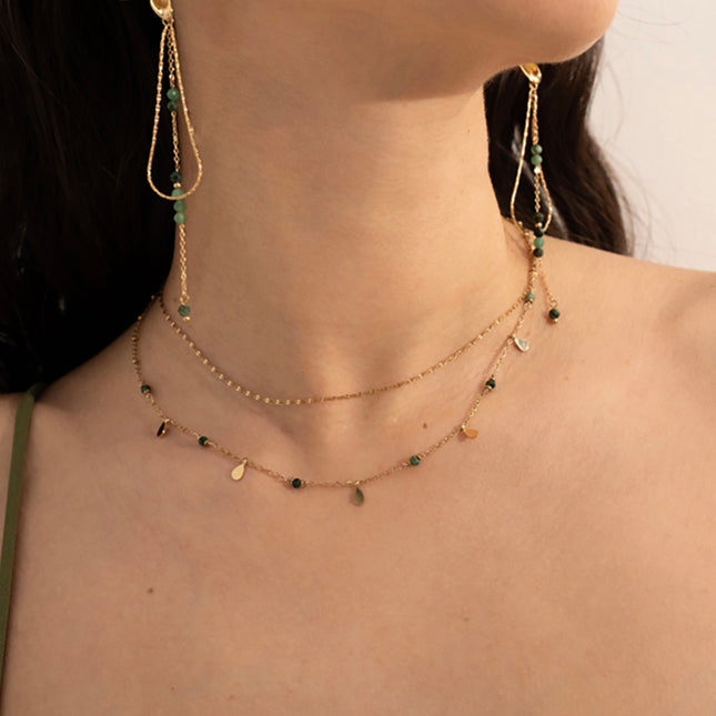 Selene 2-strand necklace - flat coffee-colored chain, beads with teardrop-shaped tassels and round natural stones