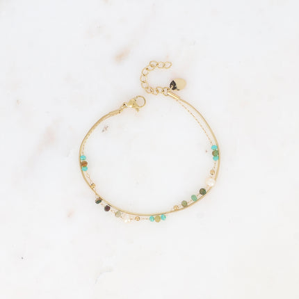 Bracelet 2 rangs Edwina - maille serpent, pâtes de verre, perles d'eau douce et pierres naturelles