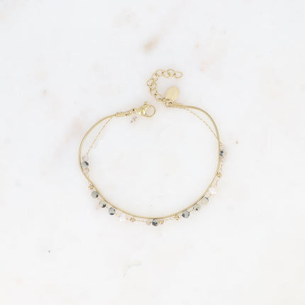 Bracelet 2 rangs Edwina - maille serpent, pâtes de verre, perles d'eau douce et pierres naturelles