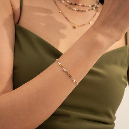 Bracelet 2 rangs Edwina - maille serpent, pâtes de verre, perles d'eau douce et pierres naturelles