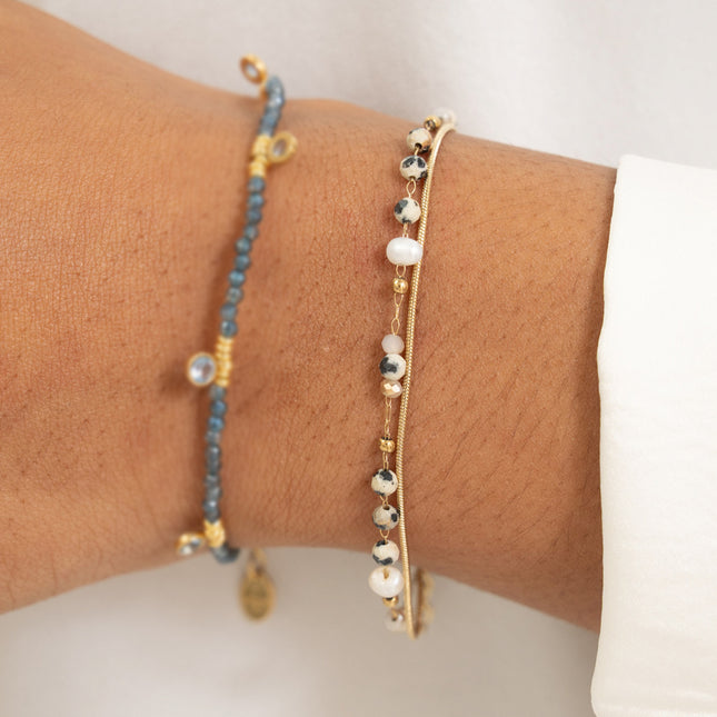 Bracelet 2 rangs Edwina - maille serpent, pâtes de verre, perles d'eau douce et pierres naturelles