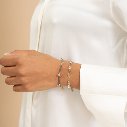 Bracelet 2 rangs Edwina - maille serpent, pâtes de verre, perles d'eau douce et pierres naturelles