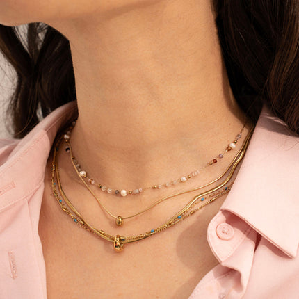 Collier 2 rangs Edwina - maille serpent, pâtes de verre, perles d'eau douce et pierres naturelles