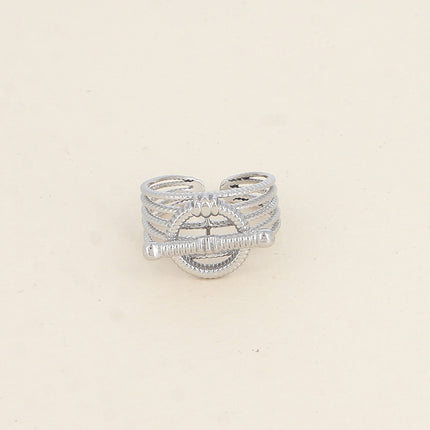 Bague - 5 anneaux fins ajourés striés, barre horizontale et anneau