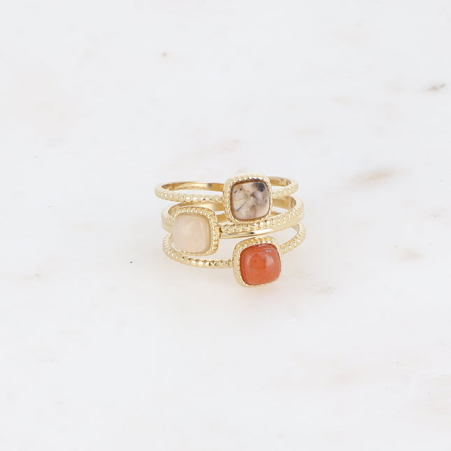 Ondelline Ring - 3 milgrain bands, 3 square natural stones