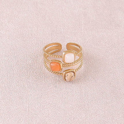 Ondelline Ring - 3 milgrain bands, 3 square natural stones
