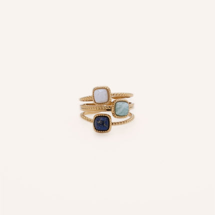 Bague Ondeline - 3 anneaux milgrain, 3 pierres naturelles carrées