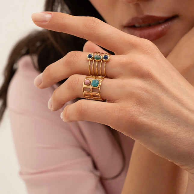 Loly wide ring - openwork band and natural stones