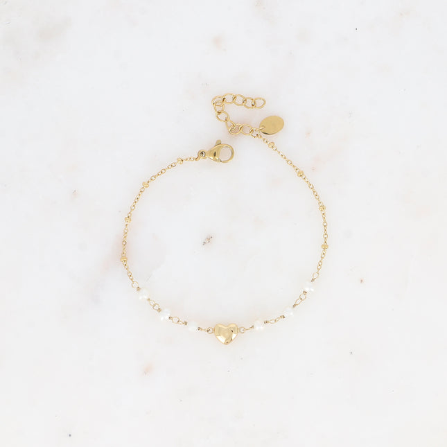 Bracelet - maille avec boules, perles d'eau douce et pendentif coeur