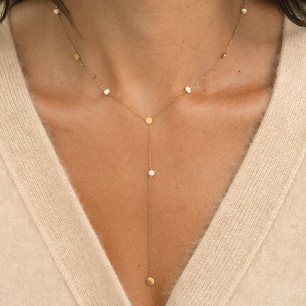 Collier Y - pastilles rondes et perles d'eau douce