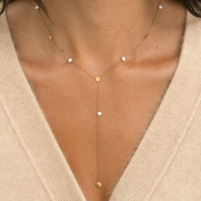 Y-shaped necklace - round discs and freshwater pearls