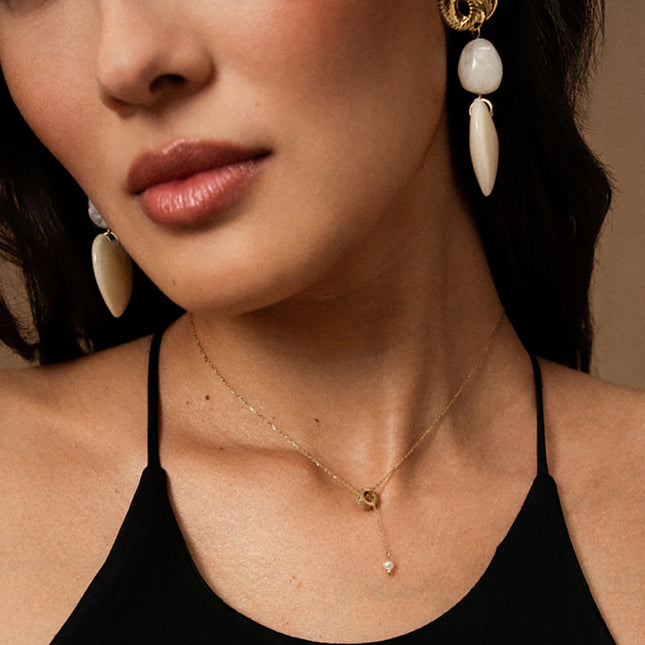 Y-shaped necklace - crystal ring, freshwater pearl