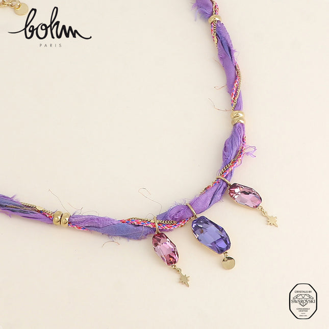 Necklace on fabric and chain - adorned with 3 Swarovski® crystals