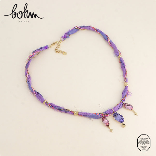 Necklace on fabric and chain - adorned with 3 Swarovski® crystals