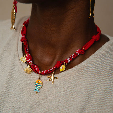 Capri Necklace - ribbon fabric, crystals, shell, resin fish bead, starfish