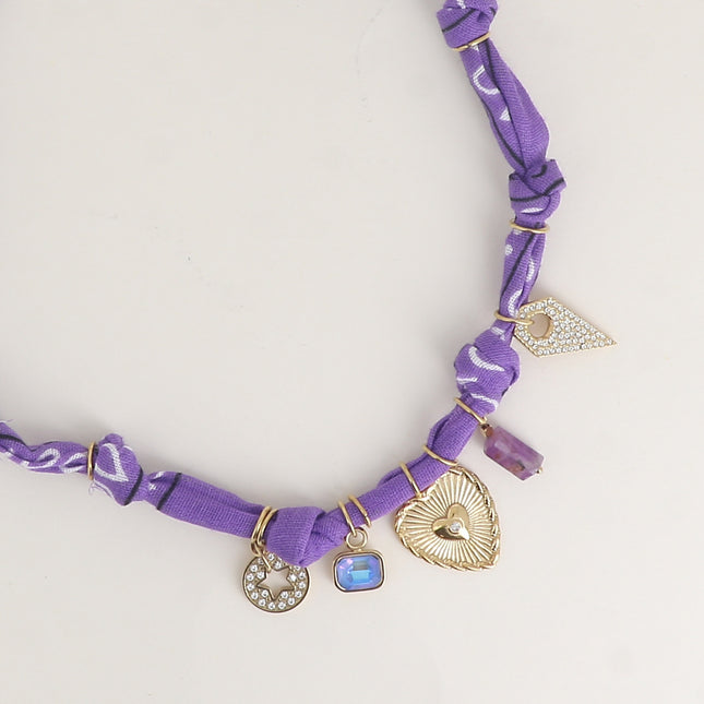 Collier sur tissu ruban - étoile, coeur, cristal, pièce diamant oxydes de zirconium et pierre naturelle