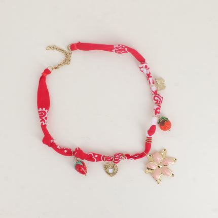 Ribbon fabric necklace - resin strawberry and orange, heart, enamelled flower and butterfly