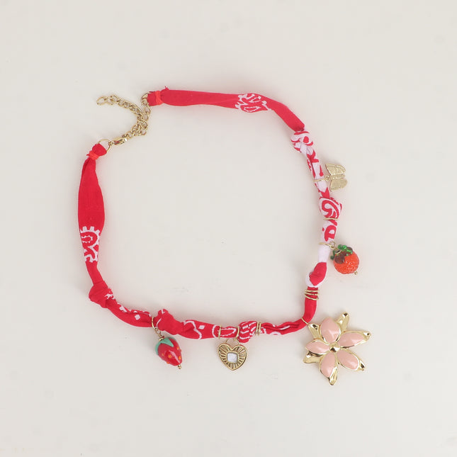 Ribbon fabric necklace - resin strawberry and orange, heart, enamelled flower and butterfly