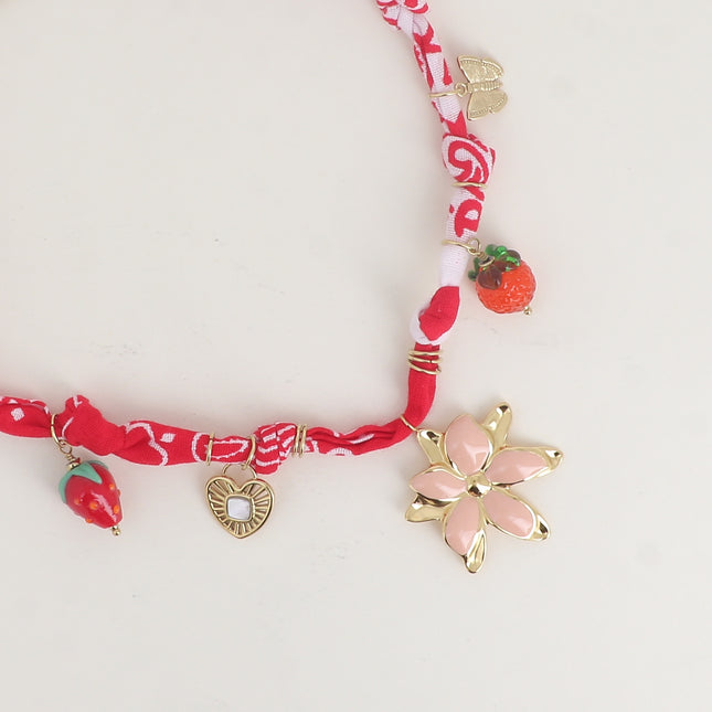 Ribbon fabric necklace - resin strawberry and orange, heart, enamelled flower and butterfly