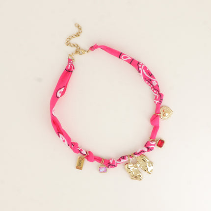 Collier - tissu ruban avec plaquette LOVE, cristaux rectangulaires, noeud papillon, coeur