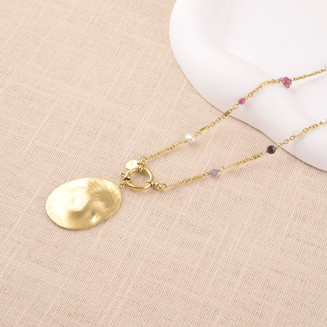 Necklace - natural stones and large wavy and brushed matte piece