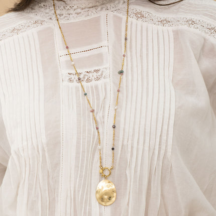 Necklace - natural stones and large wavy and brushed matte piece