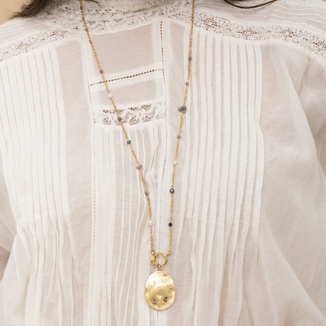 Necklace - natural stones and large wavy and brushed matte piece