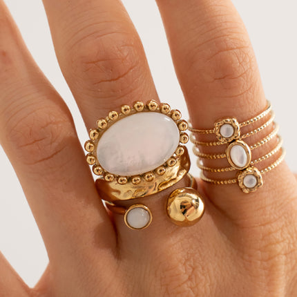 Bague large Laly - 5 rangs martelés et pierres naturelles