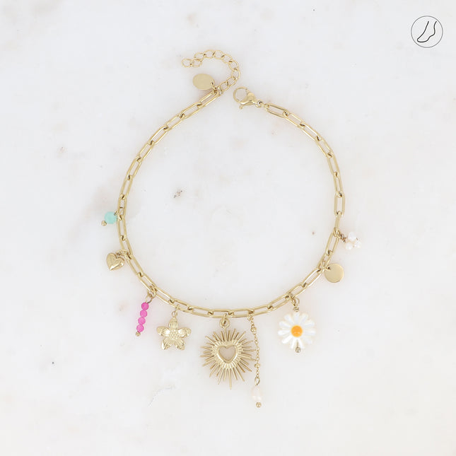 Chevillère Hermia - pierres naturelles, pendentif coeur scintillant ajouré, perles d'eau douce, fleurs