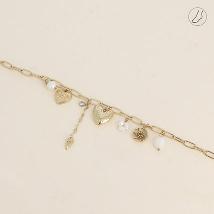 Chevillère Bethany - maille ovale avec breloques (coeurs, fleur, étoiles, perles d'eau douce, pâtes de verre et cristaux)
