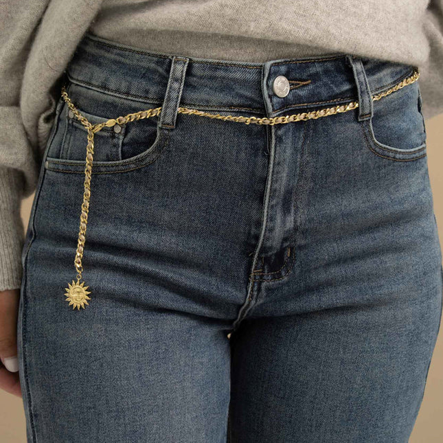 Chaîne de ventre Lioren - maille et tissu tressé, pendentif éclipse, lune et soleil