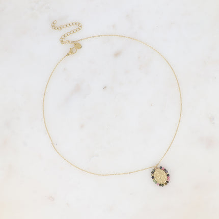 Collier - médaillon ovale la Madone et pierres naturelles