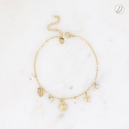 Chevillère - coquillage, cauri, tortue, perles d'eau douce et cristal