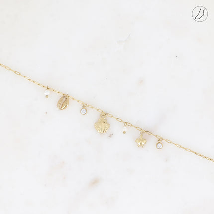 Chevillère - coquillage, cauri, tortue, perles d'eau douce et cristal