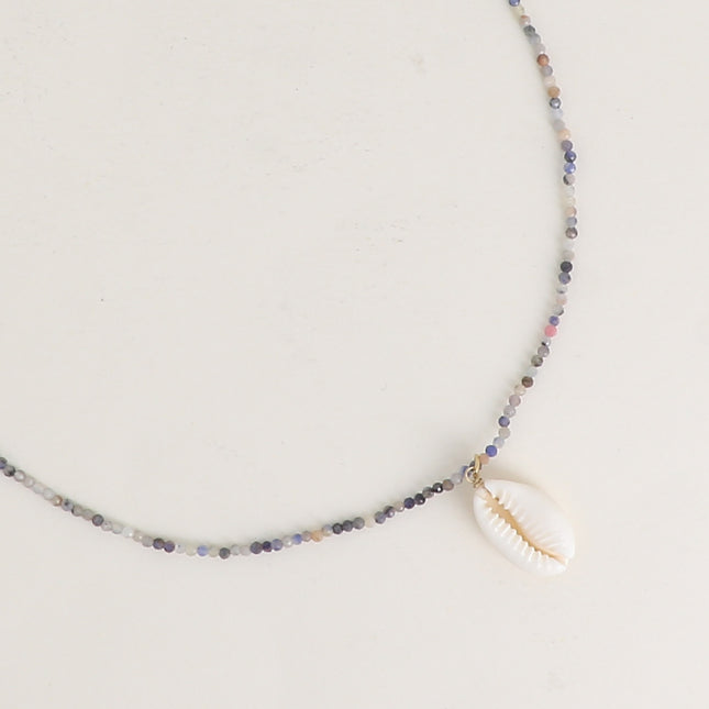 Necklace - on a cord, choker with round natural stones and natural cowrie shell