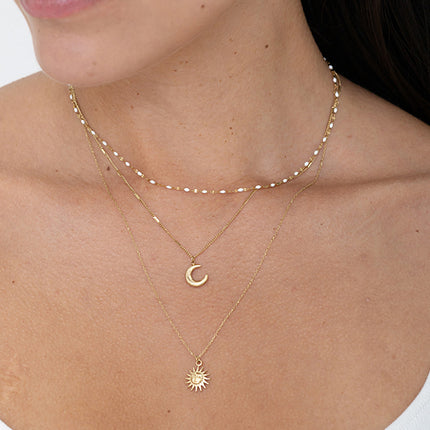 Callia Necklace - Moon - 3 strands, enameled chain, moon and sun