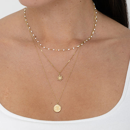 Callia necklace - sun - 3 rows, enameled chain, LOVE and sun medallion