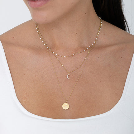 Necklace - 3 strands, enameled mesh, moon and star medallion with cubic zirconia