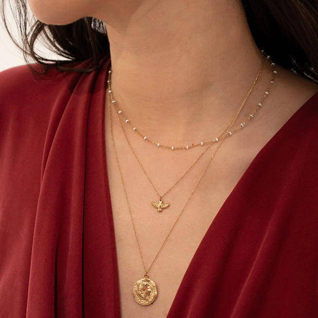 Collier Callia - Oiseau - 3 rangs, maille émaillée, oiseau et pièce de la Confédération Suisse