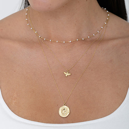 Callia Necklace - Bird - 3 strands, enameled chain, bird and Swiss Confederation coin